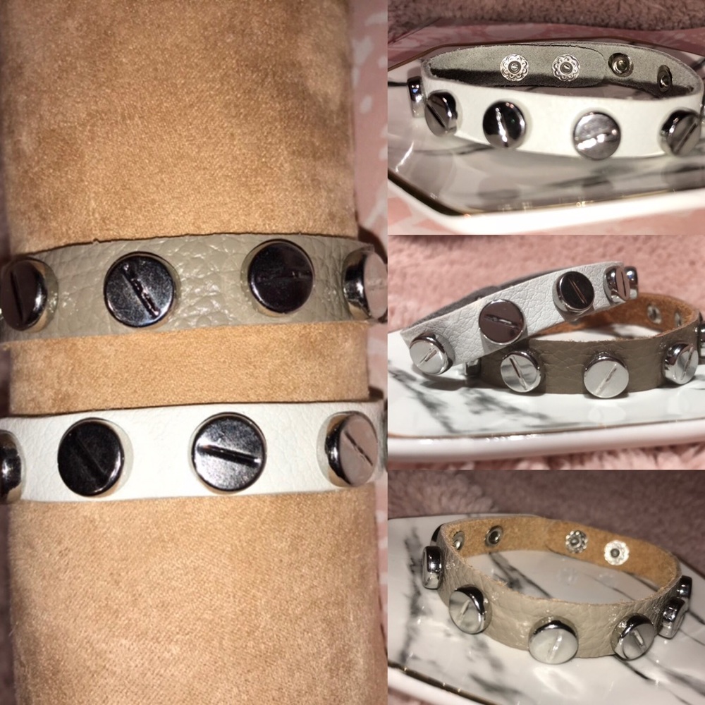 White and Gray Leather Silver Stud Bracelet Set